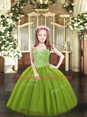 High Quality Olive Green Lace Up Pageant Gowns For Girls Beading Sleeveless Floor Length