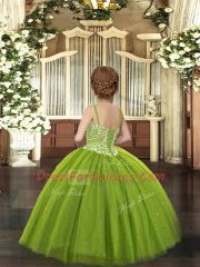 High Quality Olive Green Lace Up Pageant Gowns For Girls Beading Sleeveless Floor Length