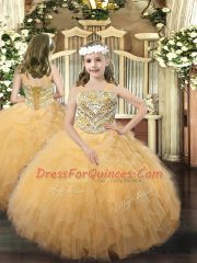 Gold Child Pageant Dress Party and Quinceanera with Beading and Ruffles Straps Sleeveless Lace Up