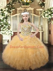 Gold Child Pageant Dress Party and Quinceanera with Beading and Ruffles Straps Sleeveless Lace Up