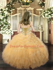 Gold Child Pageant Dress Party and Quinceanera with Beading and Ruffles Straps Sleeveless Lace Up