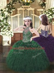 Sophisticated Halter Top Sleeveless Lace Up 15th Birthday Dress Dark Green Organza