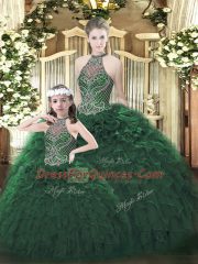 Sophisticated Halter Top Sleeveless Lace Up 15th Birthday Dress Dark Green Organza