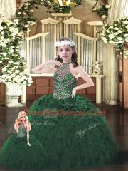 Sophisticated Halter Top Sleeveless Lace Up 15th Birthday Dress Dark Green Organza