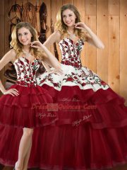 Sweep Train Ball Gowns Quinceanera Gown Wine Red Sweetheart Organza Sleeveless Lace Up