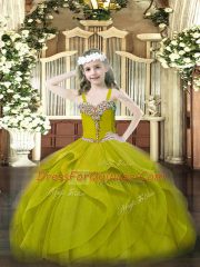 Olive Green Lace Up One Shoulder Beading and Ruffles Pageant Gowns For Girls Organza Sleeveless