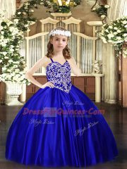 Royal Blue Lace Up Kids Formal Wear Beading Sleeveless Floor Length