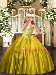 Best Gold Lace Up Kids Pageant Dress Beading Sleeveless Floor Length