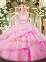 Simple Rose Pink Ball Gown Prom Dress Military Ball and Sweet 16 and Quinceanera with Beading and Ruffles High-neck Sleeveless Zipper