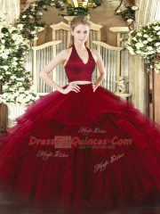 Halter Top Sleeveless Vestidos de Quinceanera Floor Length Ruffles Wine Red Organza