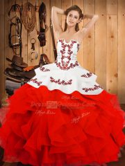 Ball Gowns Quinceanera Dresses White And Red Strapless Satin and Organza Sleeveless Floor Length Lace Up