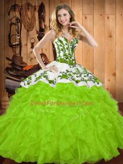 Sleeveless Floor Length Embroidery and Ruffles Lace Up 15 Quinceanera Dress with Yellow Green