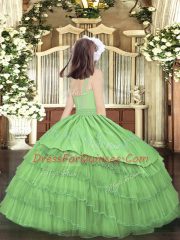 Dark Green Zipper Little Girls Pageant Gowns Beading and Embroidery and Ruffled Layers Sleeveless Floor Length