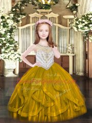 Scoop Sleeveless Winning Pageant Gowns Floor Length Beading and Ruffles Brown Tulle