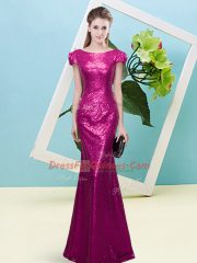 Hot Sale Mermaid Prom Gown Fuchsia Scoop Sequined Cap Sleeves Floor Length Zipper