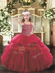 Fashion Red Lace Up Pageant Gowns For Girls Beading and Ruffles Sleeveless Floor Length
