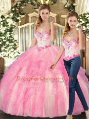 Custom Design Beading and Ruffles Quinceanera Gowns Rose Pink Lace Up Sleeveless Floor Length