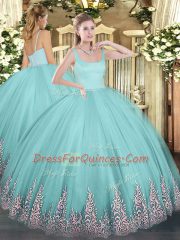 Extravagant Tulle Straps Sleeveless Zipper Appliques Ball Gown Prom Dress in Aqua Blue