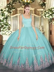 Extravagant Tulle Straps Sleeveless Zipper Appliques Ball Gown Prom Dress in Aqua Blue