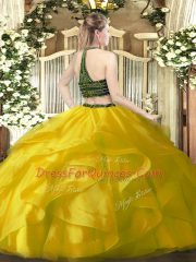 Dramatic Sleeveless Zipper Floor Length Beading and Ruffles Ball Gown Prom Dress