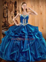 Excellent Floor Length Blue Quinceanera Gowns Organza Sleeveless Embroidery and Ruffles