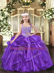 Purple Sleeveless Floor Length Beading and Ruffles Lace Up Pageant Gowns For Girls