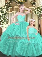 Nice Aqua Blue 15 Quinceanera Dress Military Ball and Sweet 16 and Quinceanera with Lace and Ruffled Layers Sweetheart Sleeveless Lace Up