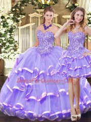 Sexy Lavender Ball Gown Prom Dress Military Ball and Sweet 16 and Quinceanera with Appliques and Ruffled Layers Sweetheart Sleeveless Zipper