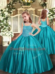 Superior Straps Sleeveless Little Girls Pageant Gowns Beading Teal Satin