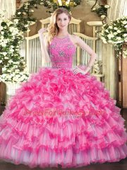 Noble Floor Length Hot Pink Ball Gown Prom Dress Tulle Sleeveless Beading and Ruffled Layers