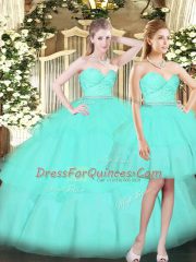 Comfortable Sweetheart Sleeveless Lace Up Quinceanera Gown Aqua Blue Tulle