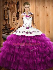 Halter Top Sleeveless Lace Up Quinceanera Dress Fuchsia Satin and Organza