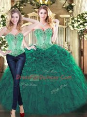 Green Quince Ball Gowns Military Ball and Sweet 16 and Quinceanera with Beading and Ruffles Sweetheart Sleeveless Lace Up