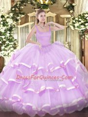 Fine Straps Sleeveless Organza Quince Ball Gowns Beading and Ruffled Layers Zipper