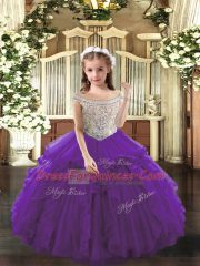 Perfect Purple Organza Lace Up Off The Shoulder Sleeveless Floor Length Child Pageant Dress Beading and Ruffles