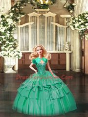 Nice Turquoise Ball Gowns Sweetheart Sleeveless Organza Floor Length Lace Up Beading and Ruffled Layers Ball Gown Prom Dress