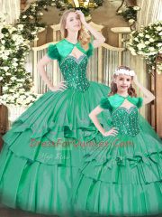 Nice Turquoise Ball Gowns Sweetheart Sleeveless Organza Floor Length Lace Up Beading and Ruffled Layers Ball Gown Prom Dress
