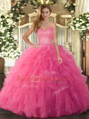 Eye-catching Hot Pink Ball Gowns Ruffles Quinceanera Dress Lace Up Tulle Sleeveless Floor Length