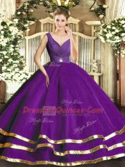 Purple Tulle Backless Vestidos de Quinceanera Sleeveless Floor Length Ruffled Layers