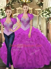 Discount Fuchsia Straps Lace Up Beading and Ruffles Quinceanera Dress Sleeveless