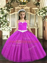 Elegant Tulle Straps Sleeveless Zipper Appliques Custom Made Pageant Dress in Fuchsia