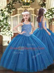 Blue Lace Up Straps Beading Little Girl Pageant Dress Tulle Sleeveless