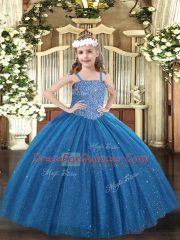 Blue Lace Up Straps Beading Little Girl Pageant Dress Tulle Sleeveless