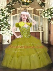 Olive Green Sleeveless Beading and Ruffled Layers Floor Length Custom Made Pageant Dress