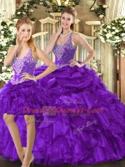 Purple Lace Up Straps Beading and Ruffles Sweet 16 Dresses Organza Sleeveless