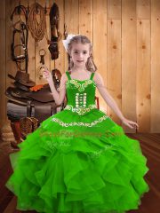 High Quality Straps Sleeveless Lace Up Pageant Dresses Green Organza