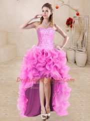 Custom Designed Organza Sweetheart Sleeveless Lace Up Beading and Ruffles Sweet 16 Quinceanera Dress in Rose Pink