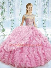 Custom Designed Sleeveless Brush Train Beading and Ruffles Lace Up Quinceanera Gowns
