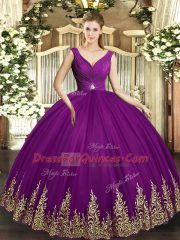 V-neck Sleeveless Sweet 16 Dresses Floor Length Beading and Appliques and Ruching Eggplant Purple Tulle