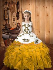 Straps Sleeveless Organza Little Girls Pageant Gowns Embroidery and Ruffles Lace Up